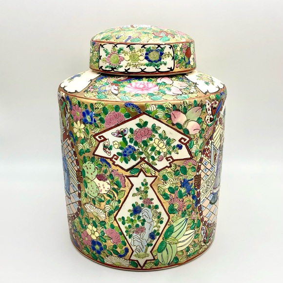 Huge Porcelain Canister Famille Rose Asian Figural Gold Gilt Floral Tea Caddy - Picture 7 of 15